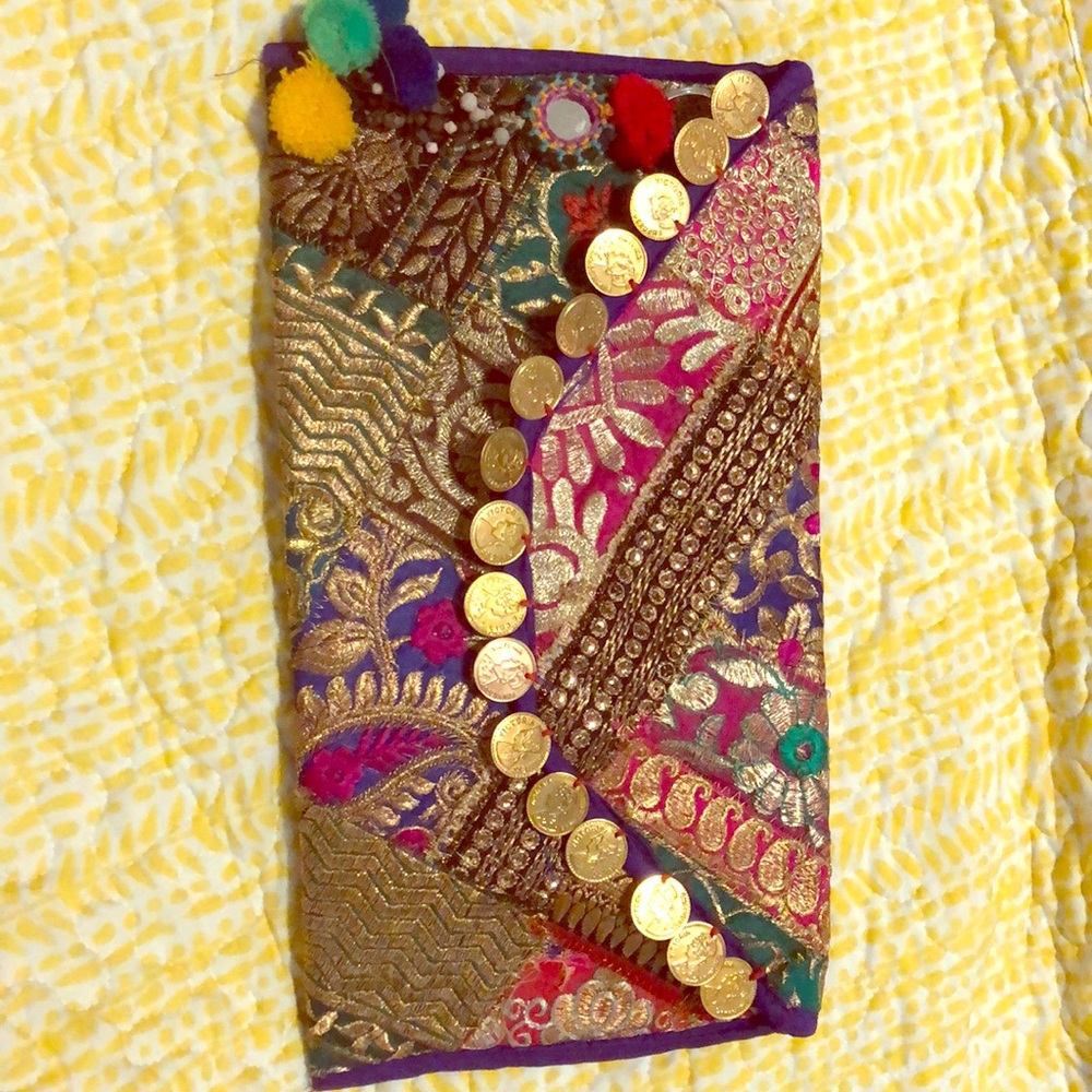 Indian hand embroidered mirror work clutch handbag